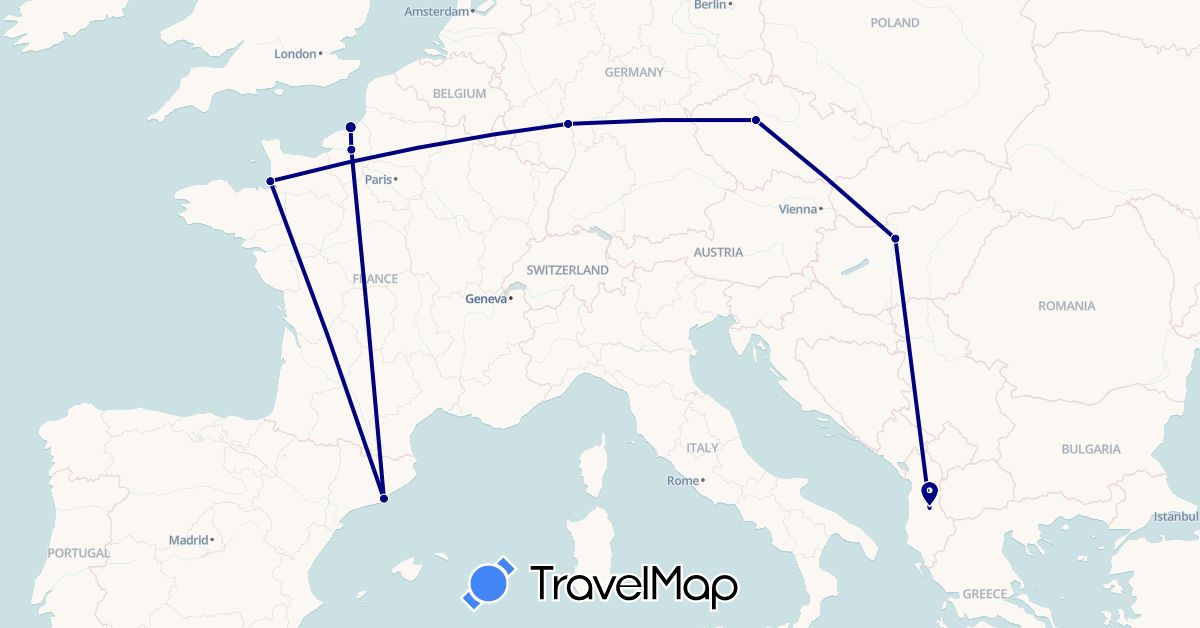 TravelMap itinerary: driving in Albania, Czech Republic, Germany, Spain, France, Hungary (Europe)